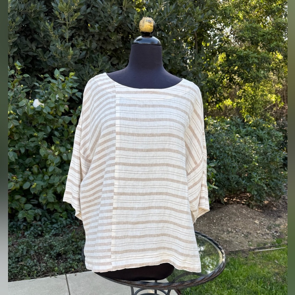 J. Jill Pure Jill Cream & Tan Striped Linen Blouse Size M